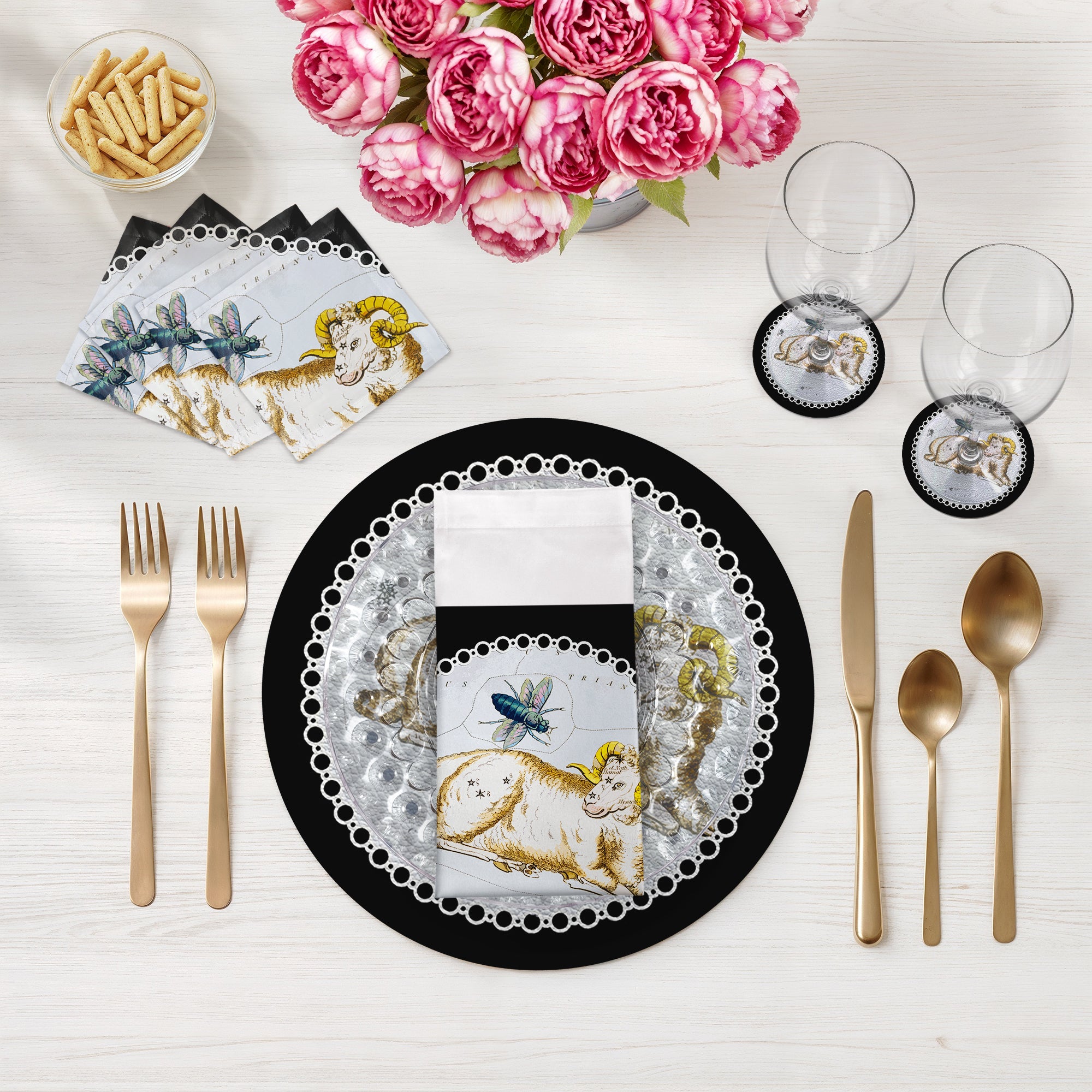 Zodiac Aries Black Vegan Leather Round Pebble Placemat