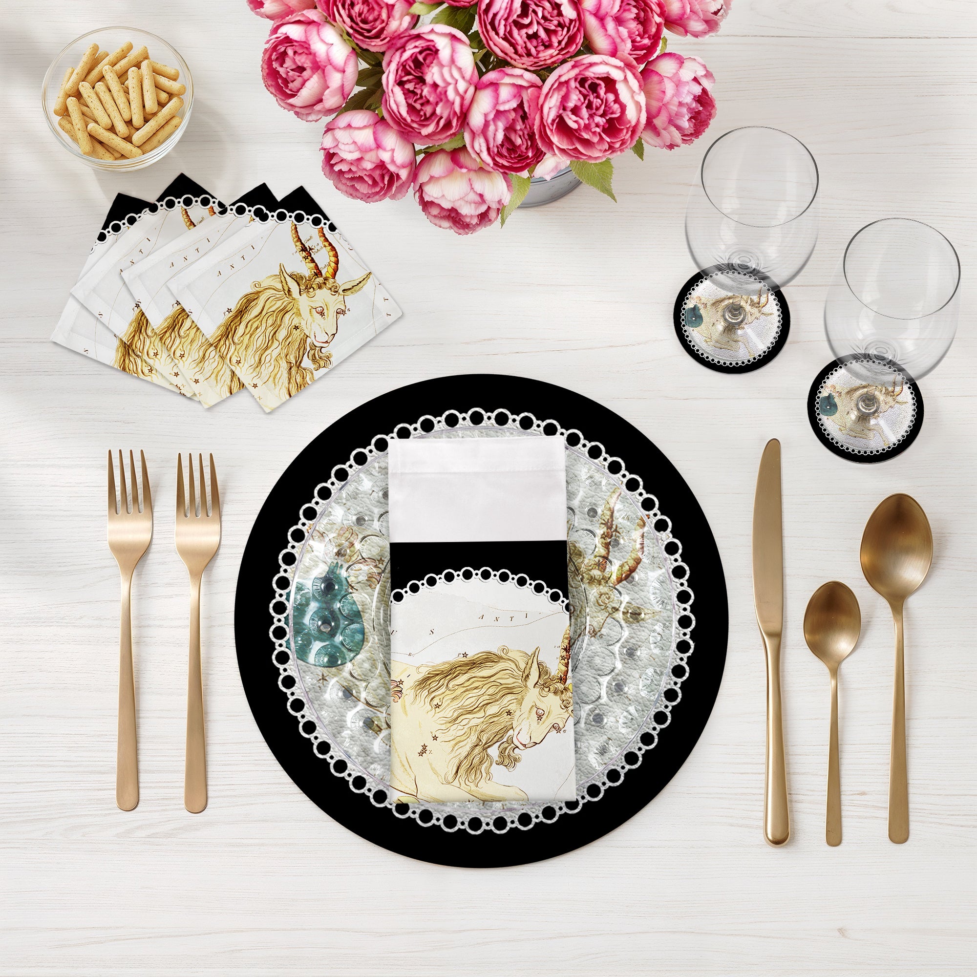 Zodiac Capricon Black 16" Round Pebble Placemats, Set of 4 - nicolettemayer.com