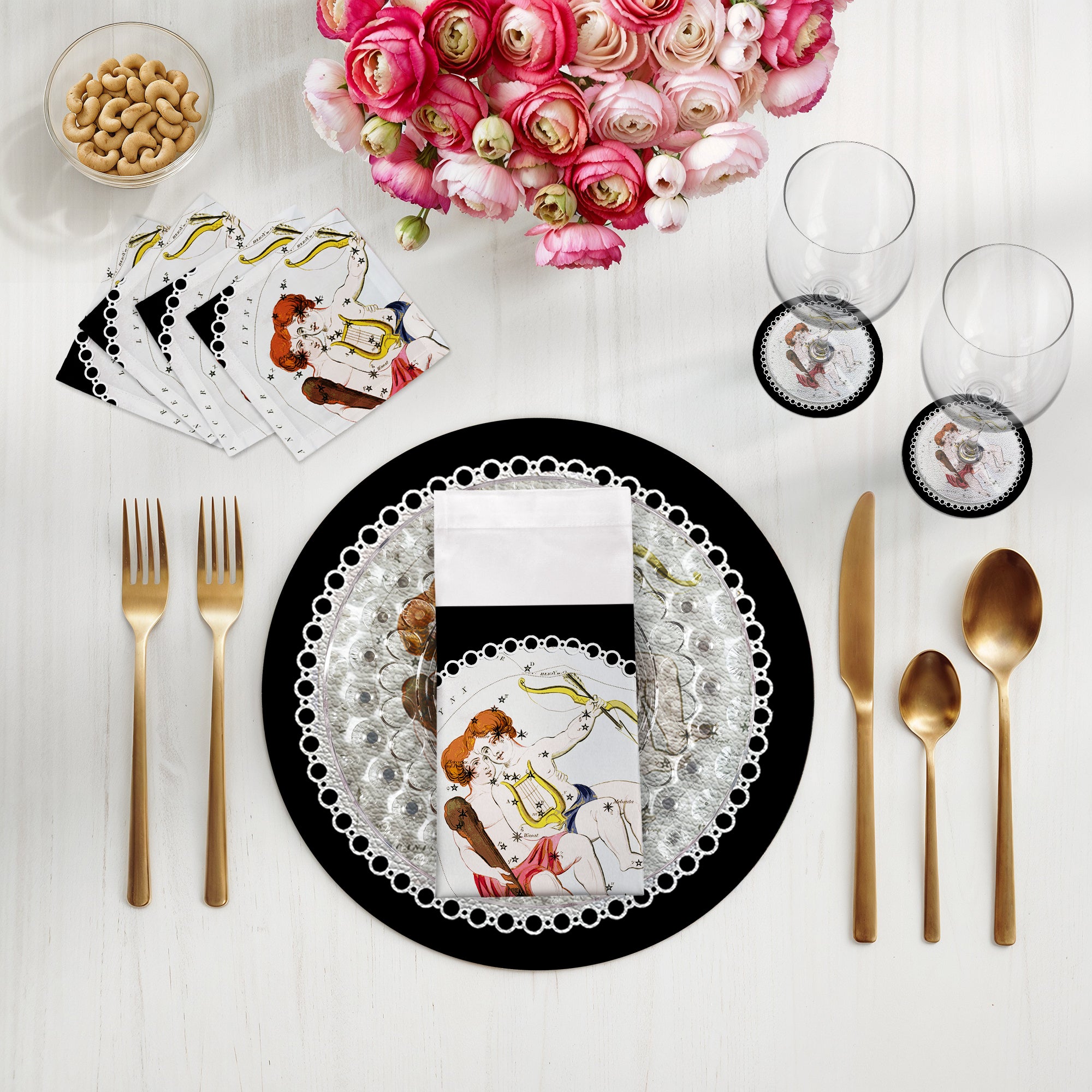 Zodiac Gemini Black Vegan Leather Round Pebble Placemat