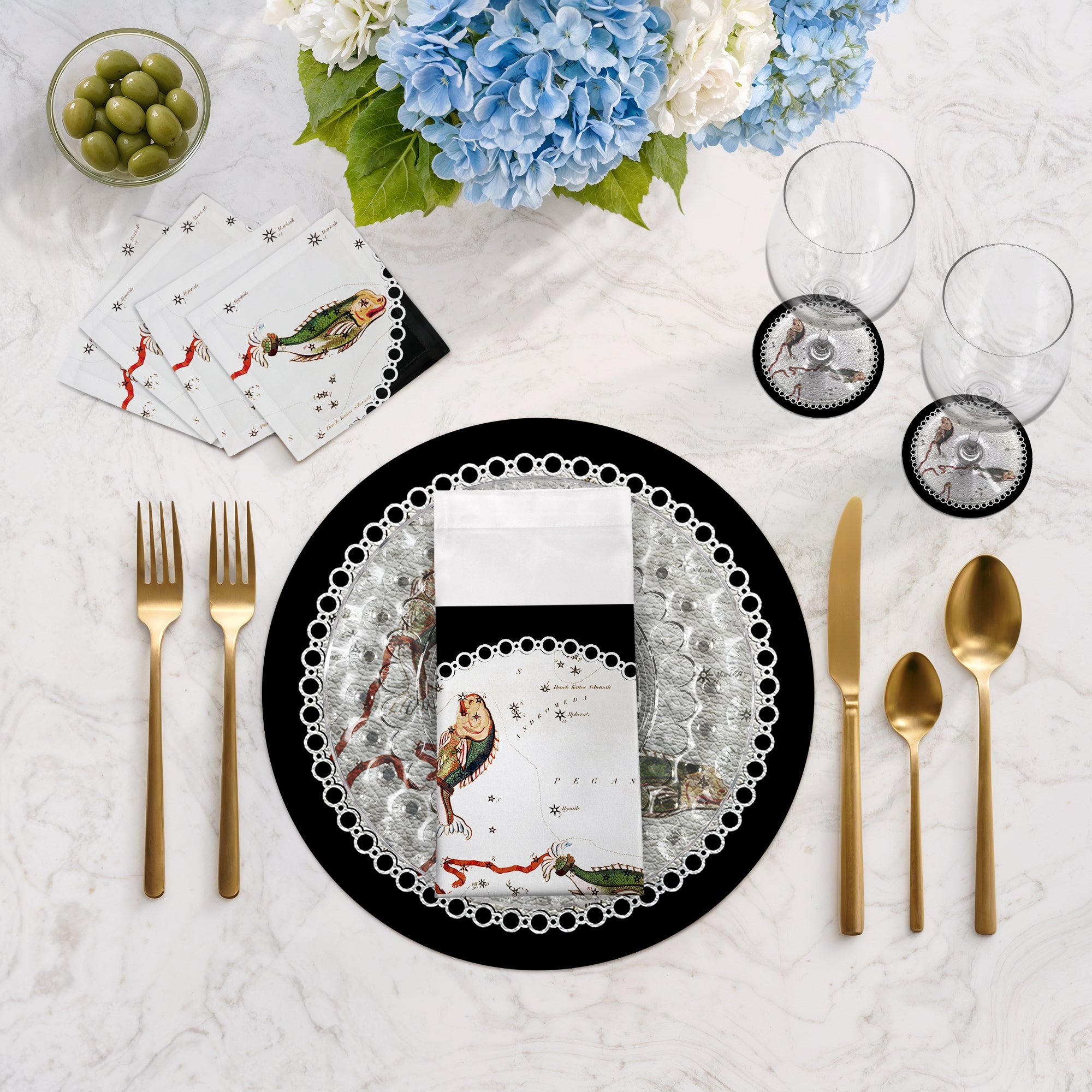 Zodiac Pisces Black 16" Round Pebble Placemats, Set of 4 - nicolettemayer.com