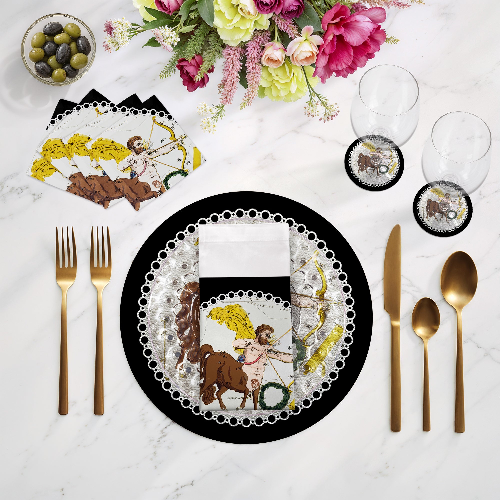 Zodiac Sagitarius Black 16" Round Pebble Placemats, Set of 4 - nicolettemayer.com