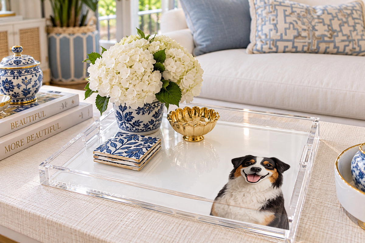 Australian Shepherd Dog Acrylic Decorative Tray, on a coffee table, by Nicolette Mayer