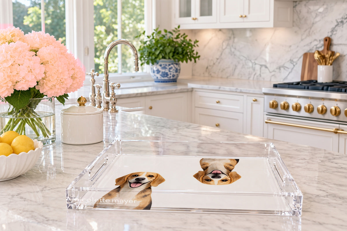 Beagle Dog Acrylic Rectangle Tray, on a kitchen island, by Nicolette Mayer