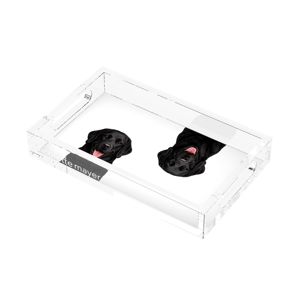Black Lab Dog Acrylic Rectangle Tray, right three-quarter, by Nicolette Mayer