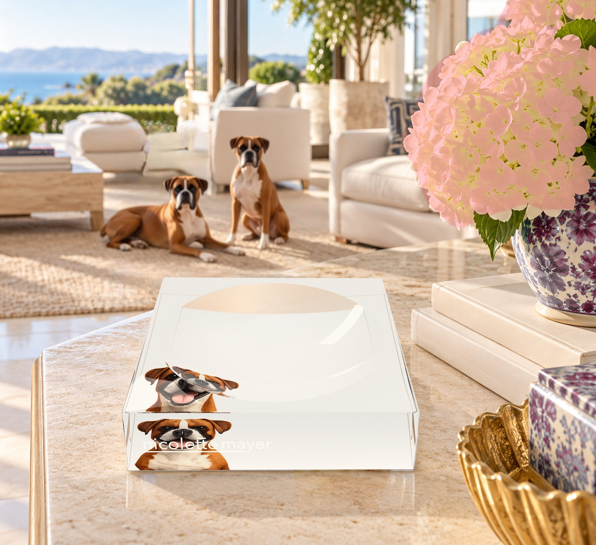 Boxer Dog Acrylic Candy Catchall Dish, on a coffee table, by Nicolette Mayer
