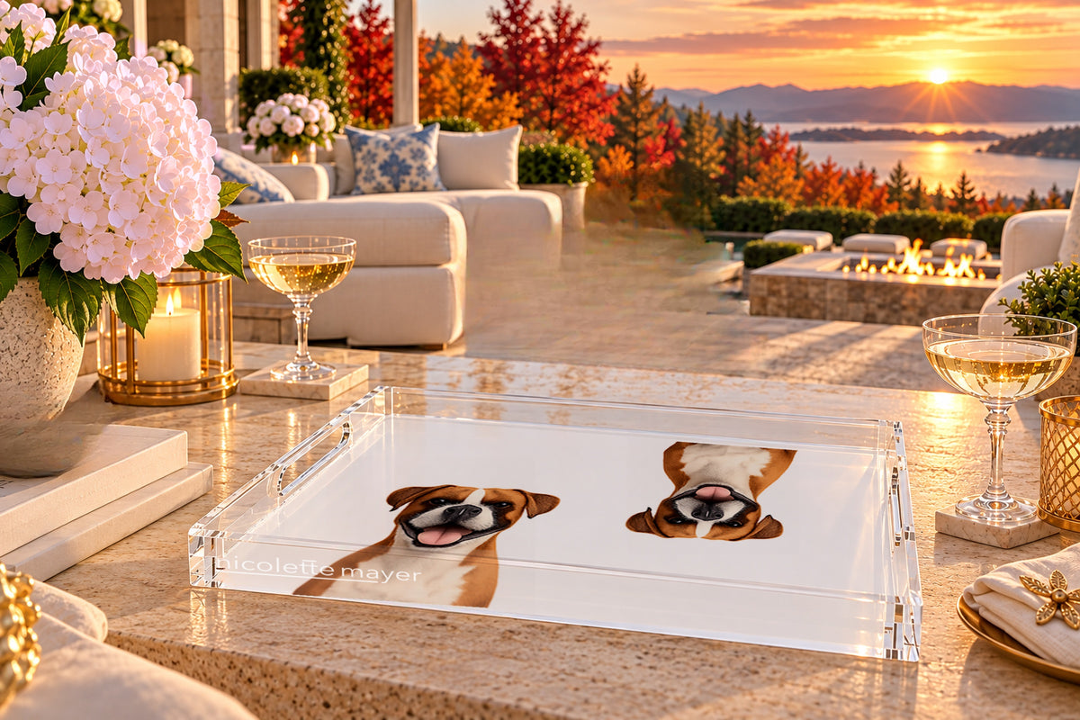 Boxer Dog Acrylic Rectangle Tray, on a patio table, by Nicolette Mayer