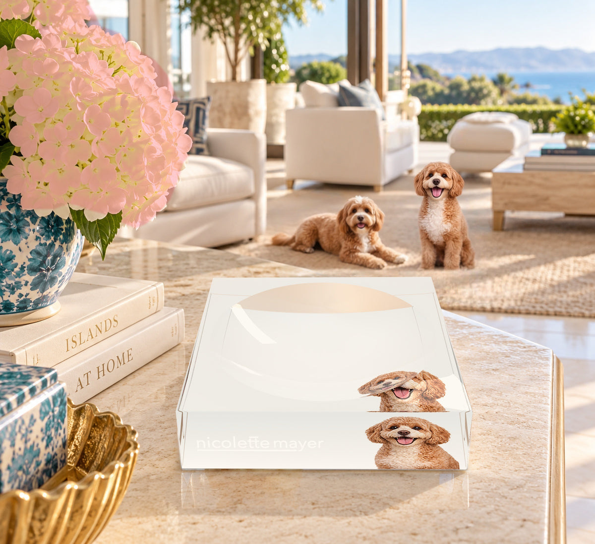 Cavapoo Dog Acrylic Candy Catchall Dish, on a coffee table, by Nicolette Mayer