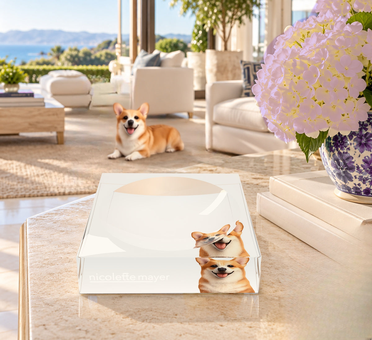 Corgi Dog Acrylic Candy Catchall Dish, on a coffee table, by Nicolette Mayer