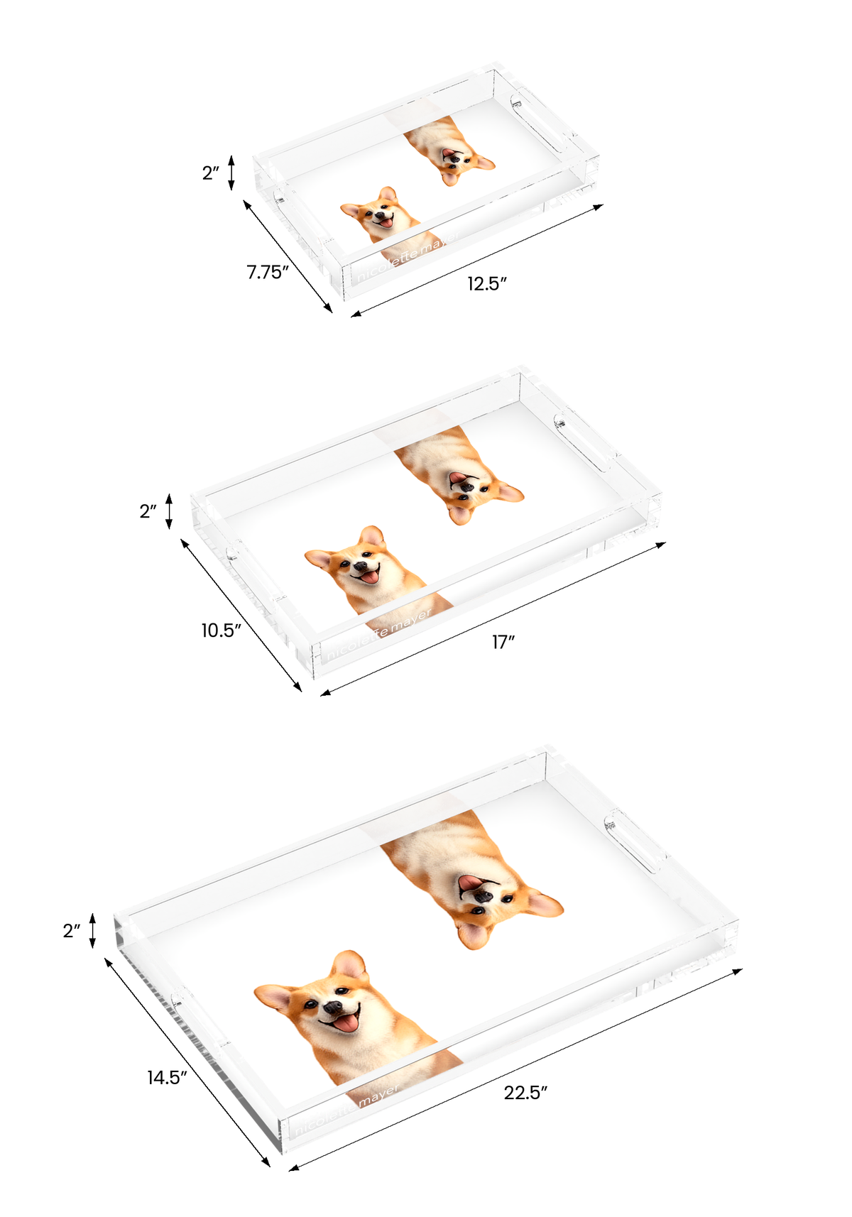Corgi Dog Acrylic Rectangle Tray, all three sizes, by Nicolette Mayer
