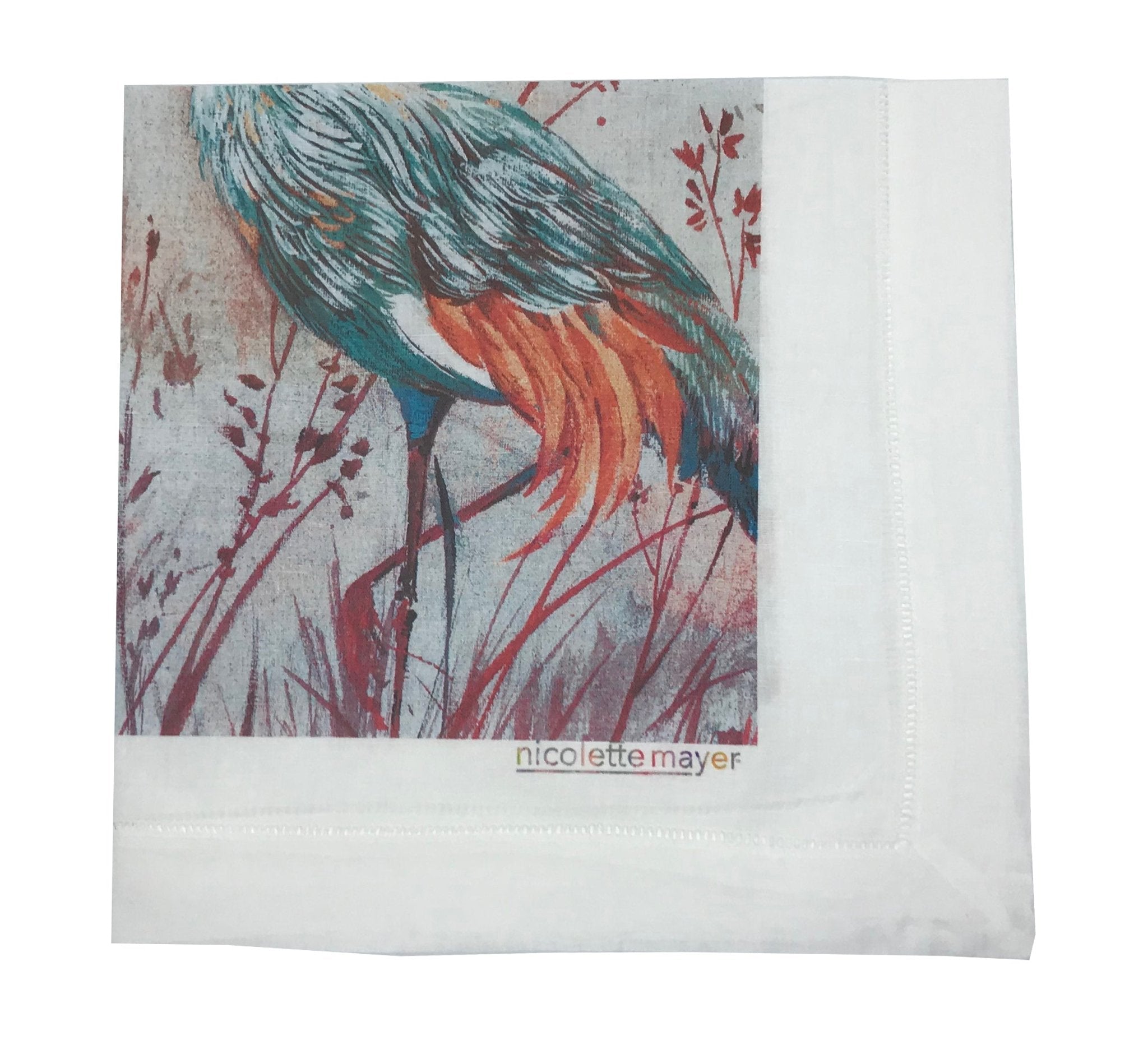 CRESTED CRANE TURQUOISE RED 22"X22" HEMSTITCH DINNER NAPKIN, SET OF 4 - nicolettemayer.com