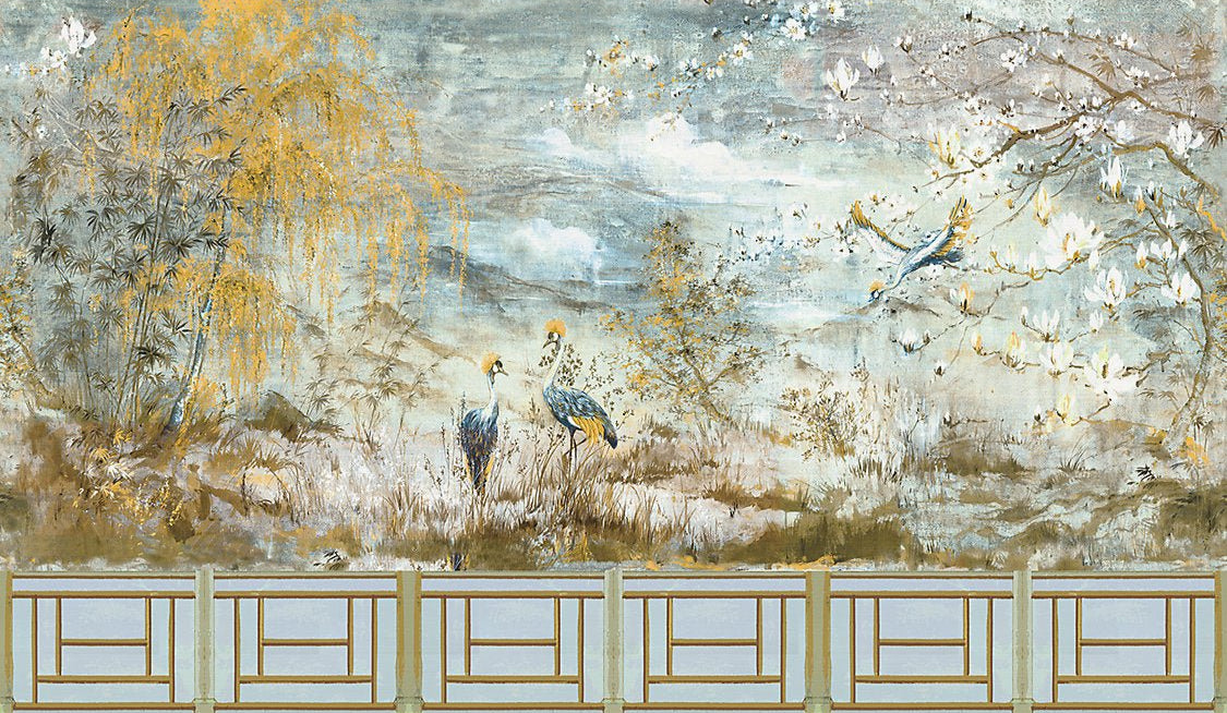 Crested Crane Wheat Blue Panel Set - nicolettemayer.com