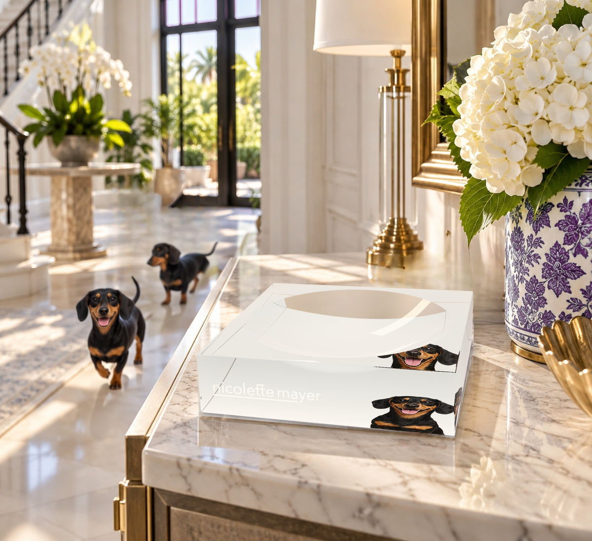 Dachshund Dog Acrylic Candy Catchall Dish, on an entry console, by Nicolette Mayer