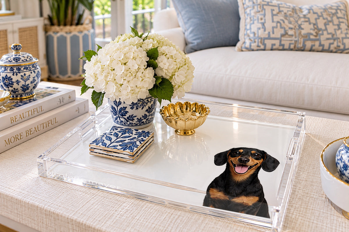 Dachshund Dog Acrylic Decorative Tray, on a coffee table, by Nicolette Mayer