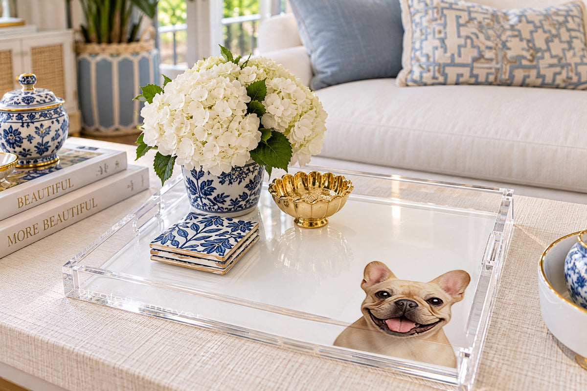 French Bulldog Acrylic Decorative Tray, on a coffee table, by Nicolette Mayer