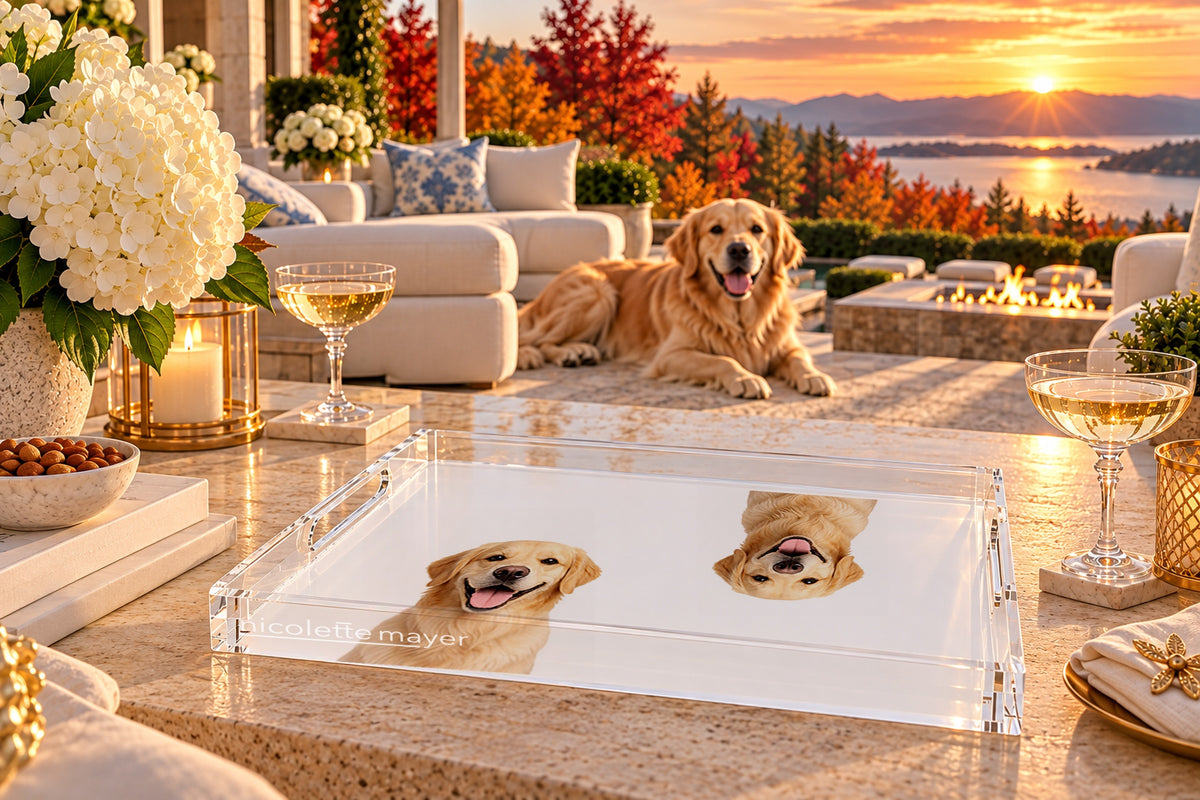 Golden Retriever Dog Acrylic Rectangle Tray, on a patio table, by Nicolette Mayer