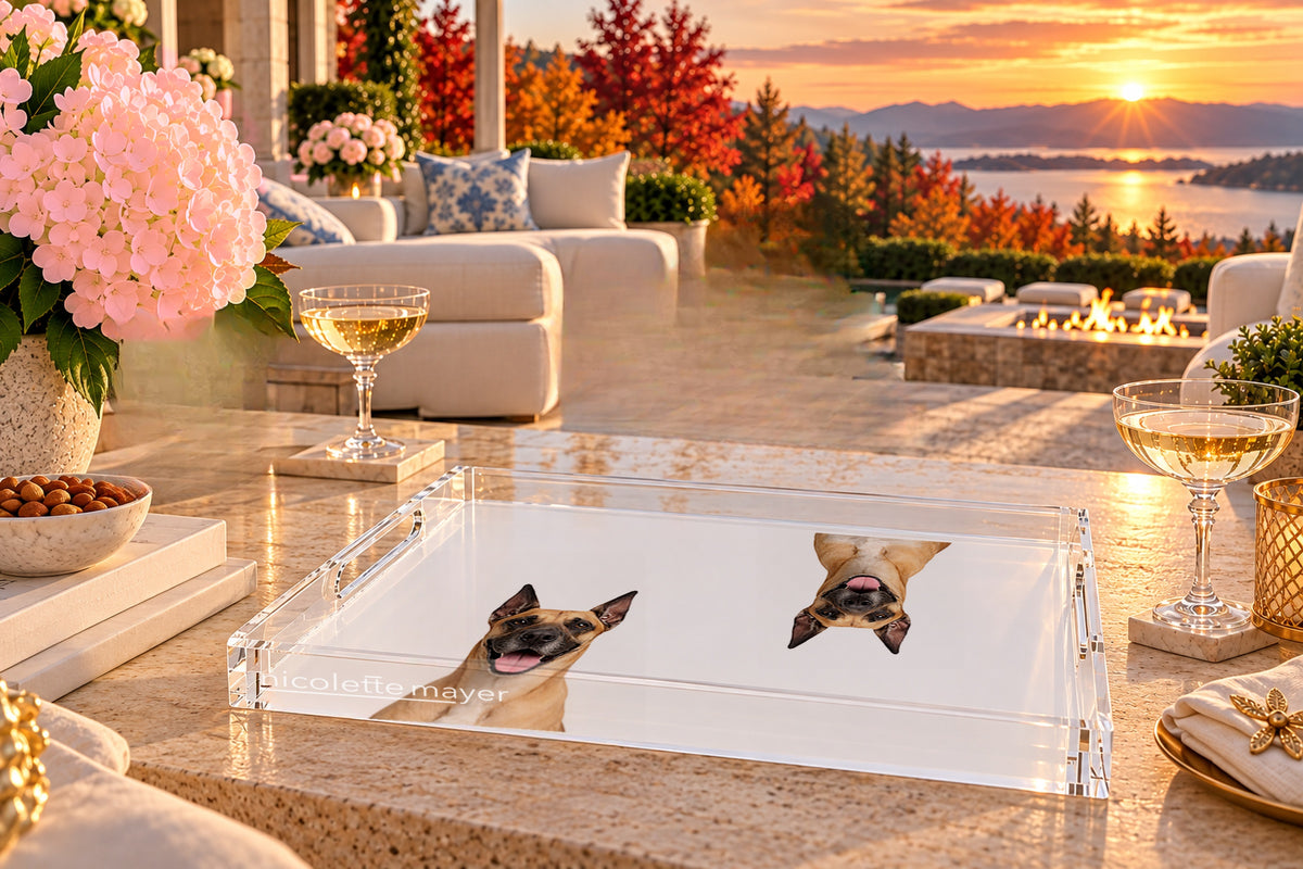 Great Dane Dog Acrylic Rectangle Tray, on a patio table, by Nicolette Mayer