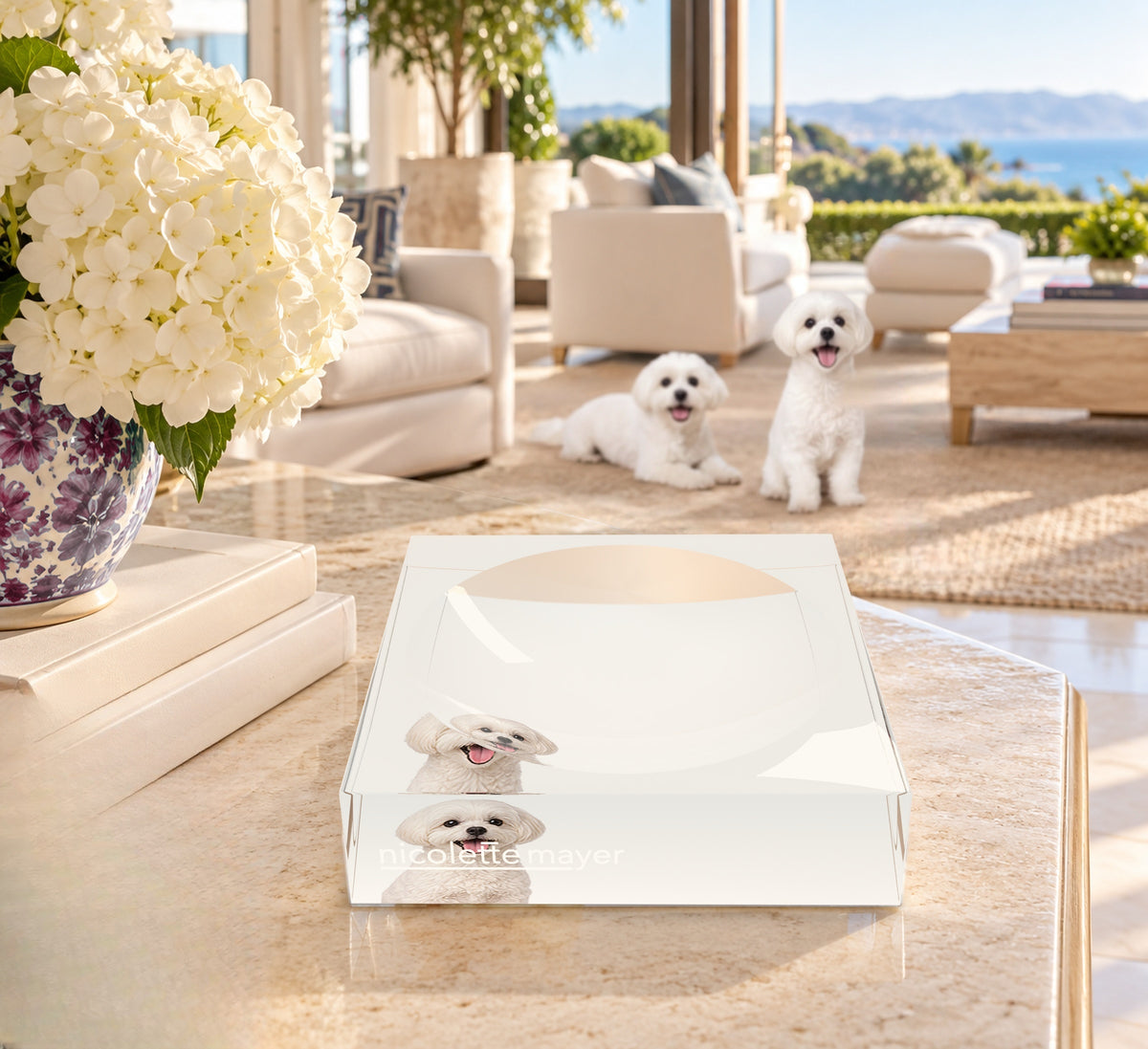 Maltese Dog Acrylic Candy Catchall Dish, on a coffee table, by Nicolette Mayer