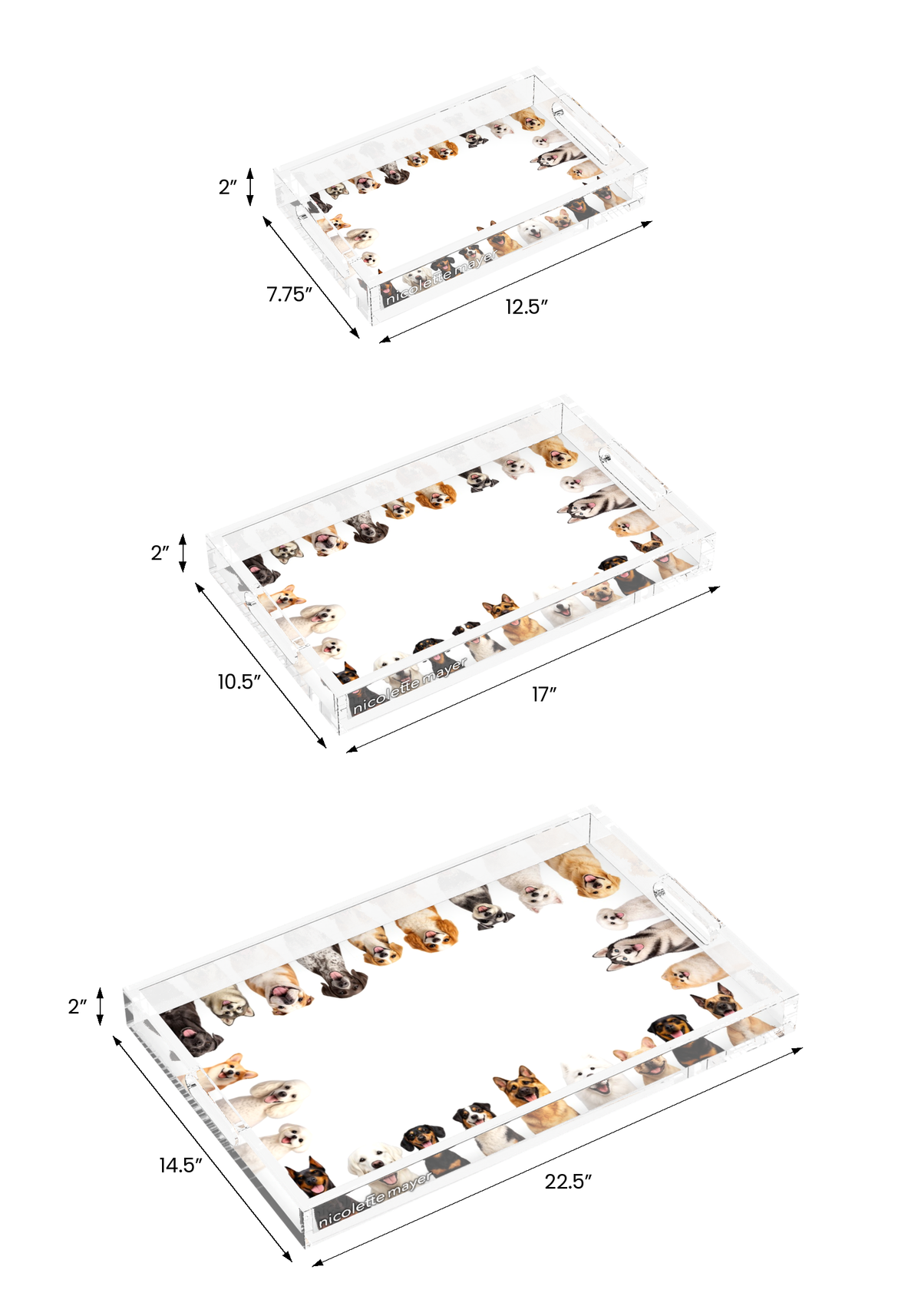 Must Love Dogs Two Acrylic Rectangle Tray, size information, by Nicolette Mayer