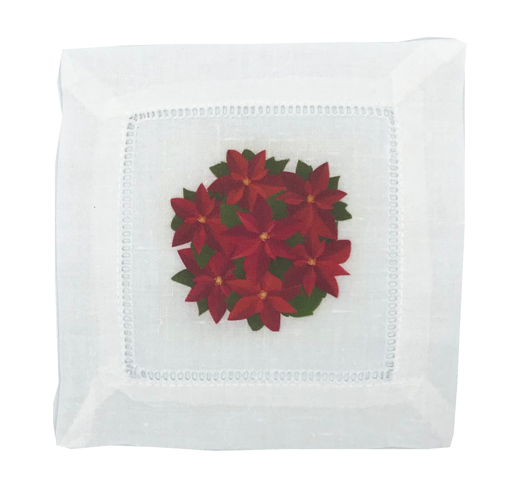 POINSETTIA 6"X6" HEMSTITCH COCKTAIL NAPKINS, SET OF 4 - nicolettemayer.com