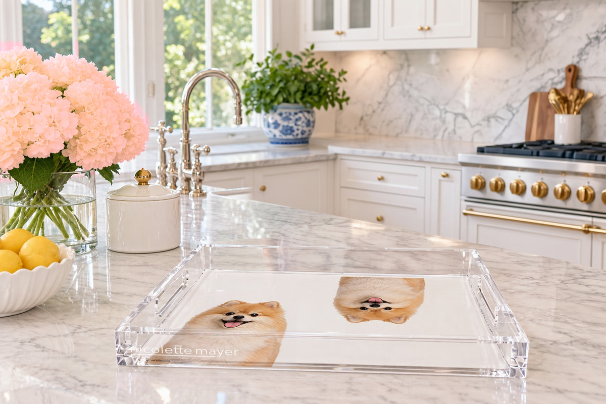 Pomeranian Dog Acrylic Rectangle Tray, on a kitchen island, by Nicolette Mayer