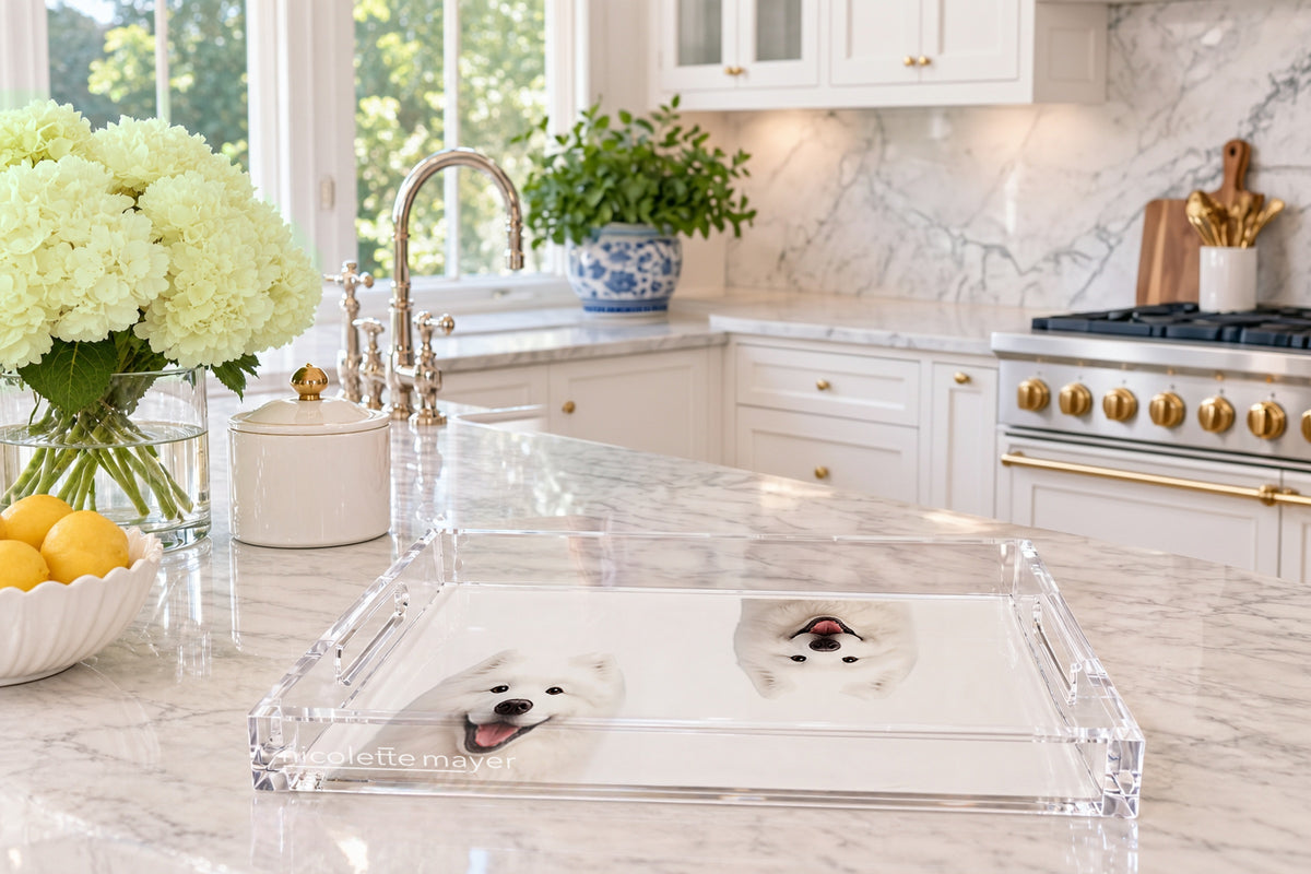 Samoyed Dog Acrylic Rectangle Tray, on a kitchen island, by Nicolette Mayer