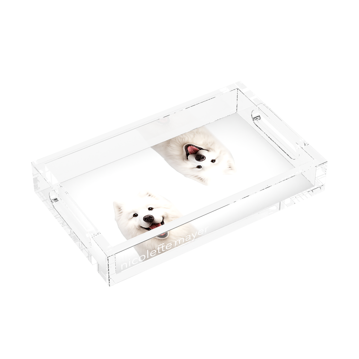 Samoyed Dog Acrylic Rectangle Tray, left three-quarter, by Nicolette Mayer