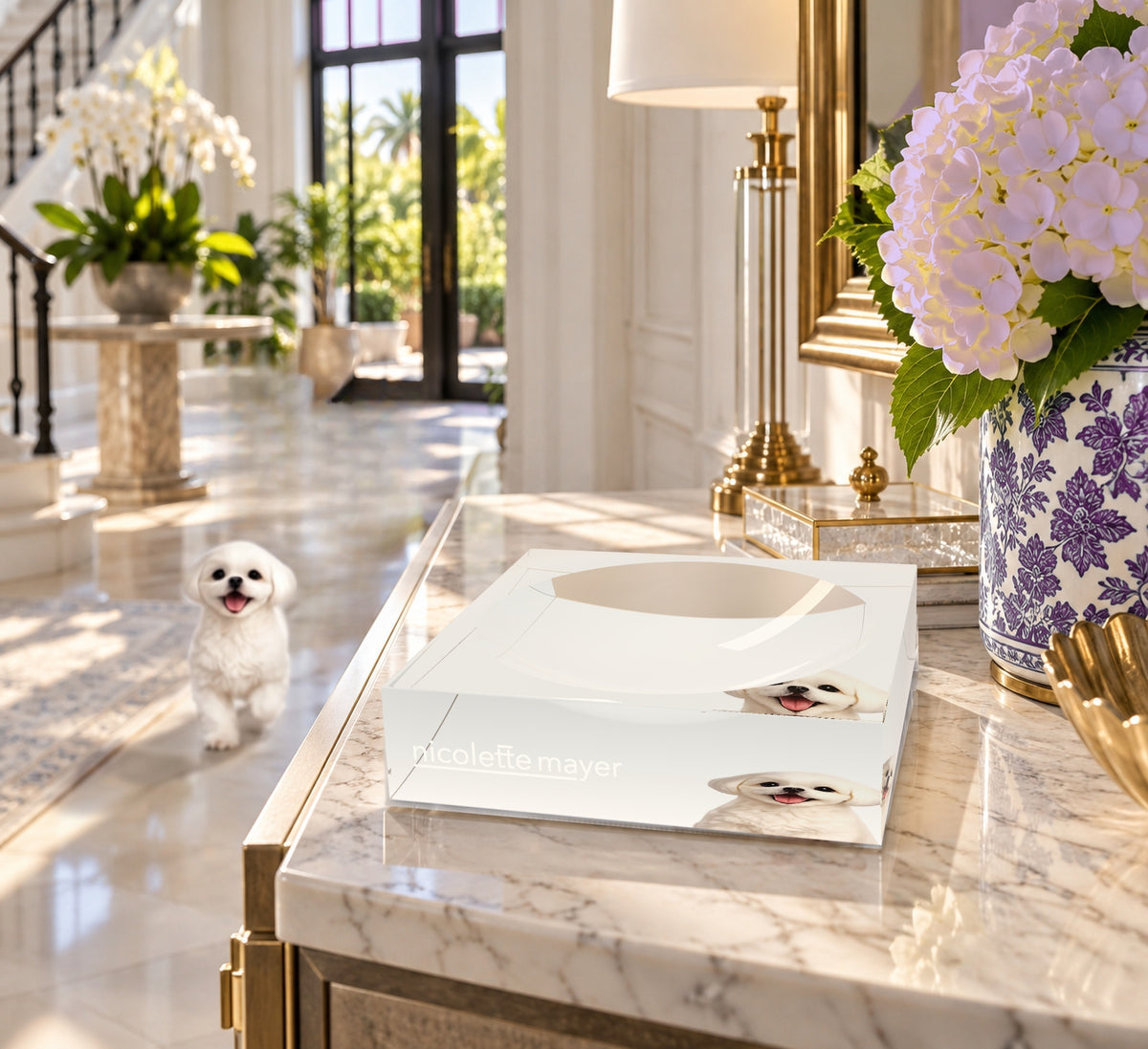 Shih Tzu Dog Acrylic Candy Catchall Dish, on an entry console, by Nicolette Mayer