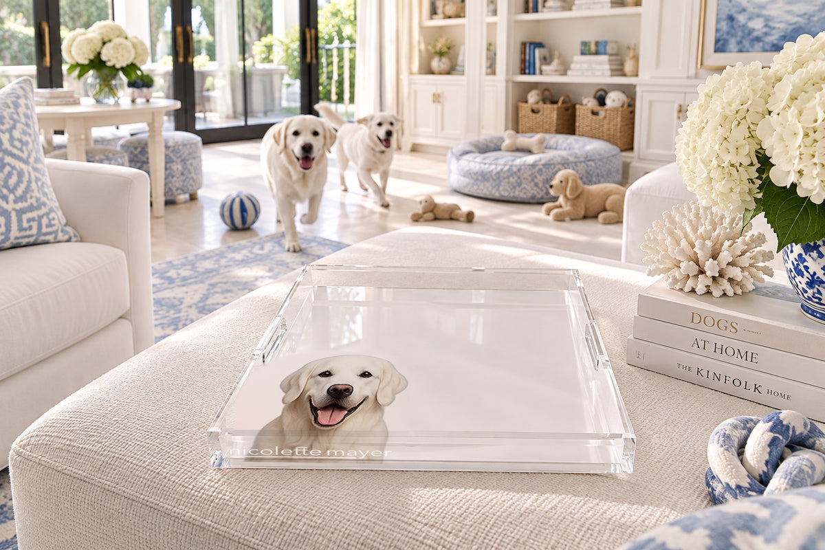 White Lab Dog Acrylic Decorative Tray, on an ottoman, by Nicolette Mayer