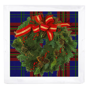 Christmas Wreath Tartan Green 18X18 Acrylic Tray - nicolettemayer.com