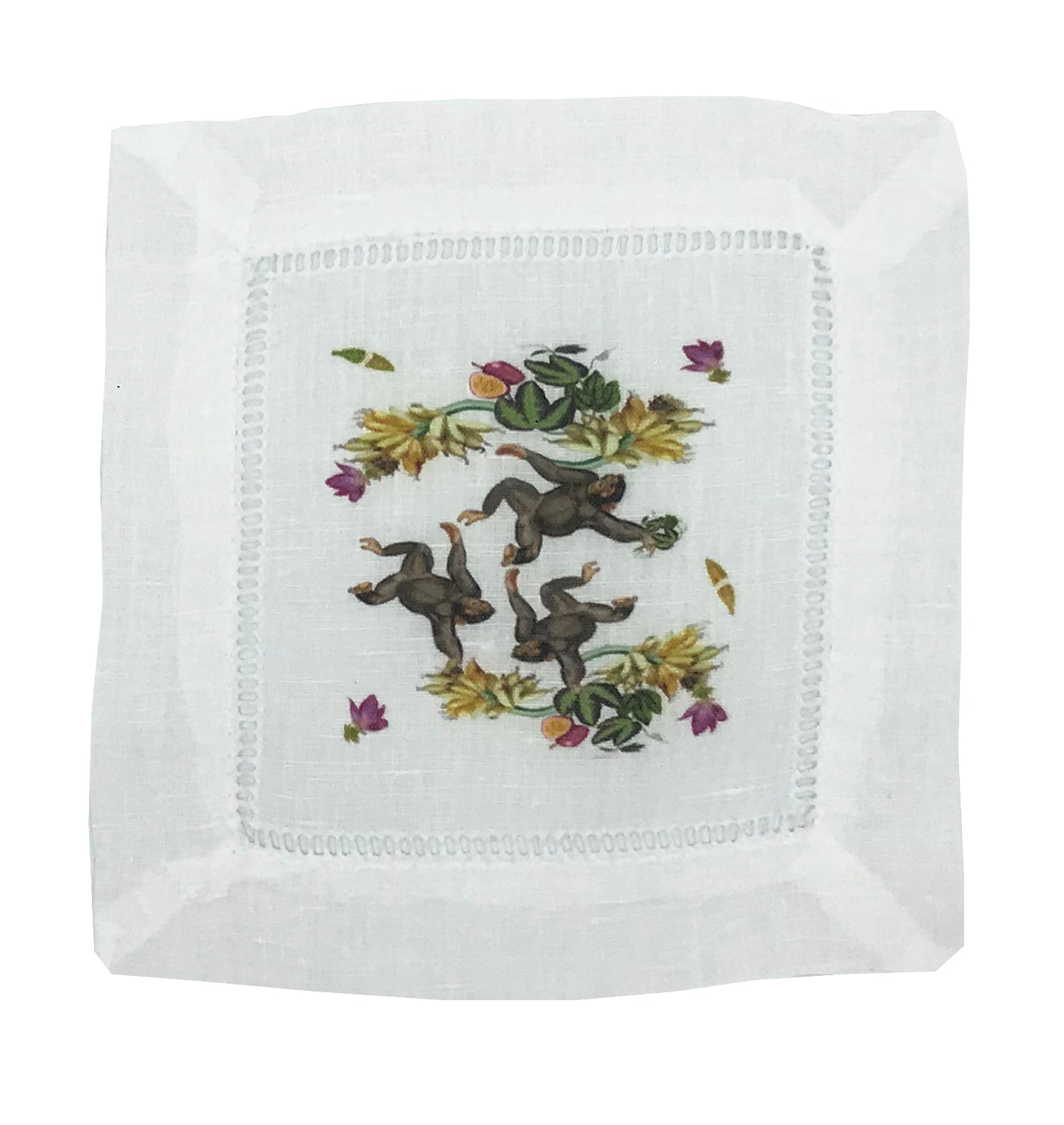 SWINGING MONKEYS 6"X6" HEMSTITCH COCKTAIL NAPKINS, SET OF 4 - nicolettemayer.com