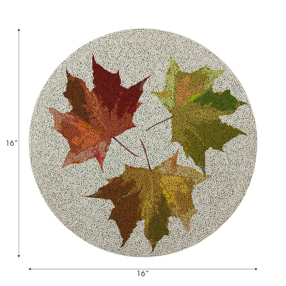 Autumn Leaves White Round Beaded Placemat Rough Cut