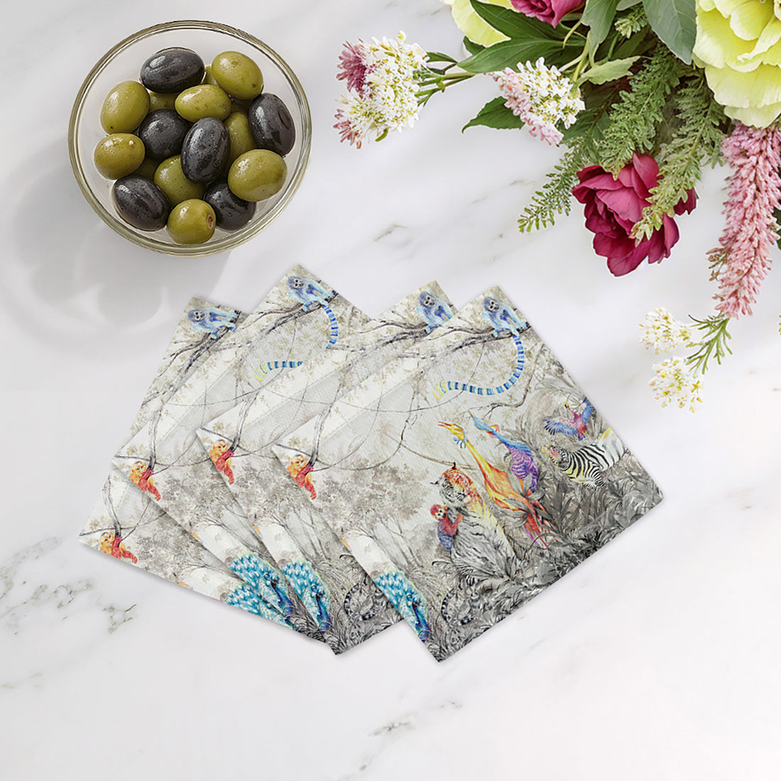 Arcadia Tiger And Zebra Scene Cotton Sateen Cocktail Napkins