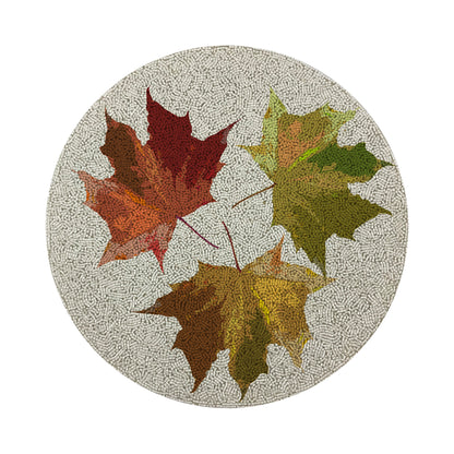Autumn Leaves White Round Beaded Placemat Rough Cut