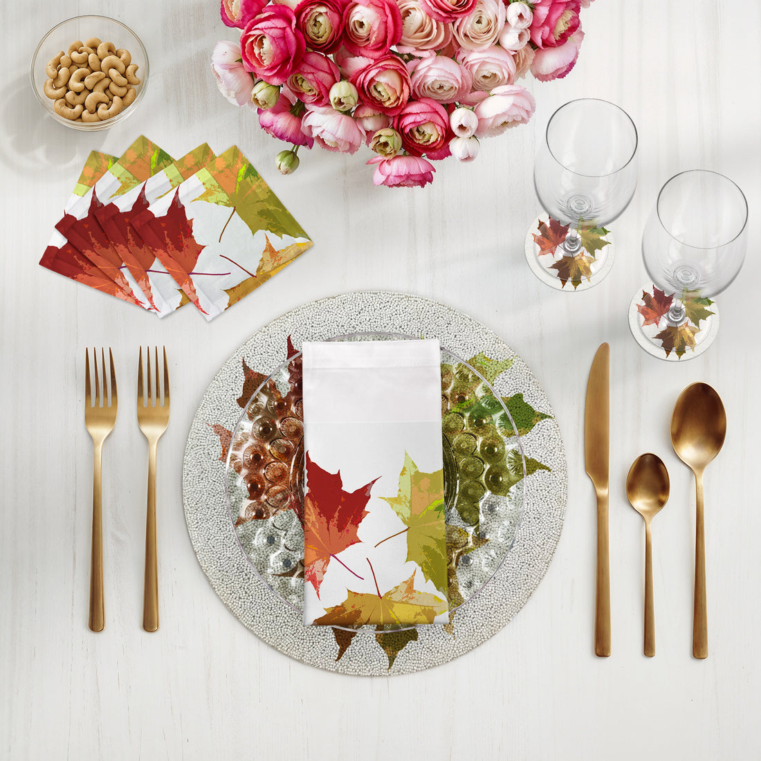 Autumn Leaves White Round Beaded Placemat Smooth