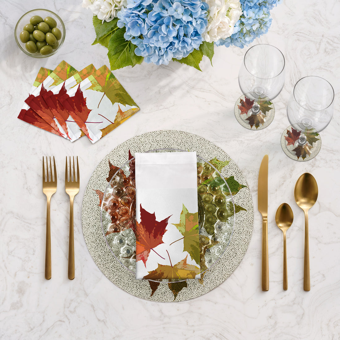 Autumn Leaves White Round Beaded Placemat Rough Cut