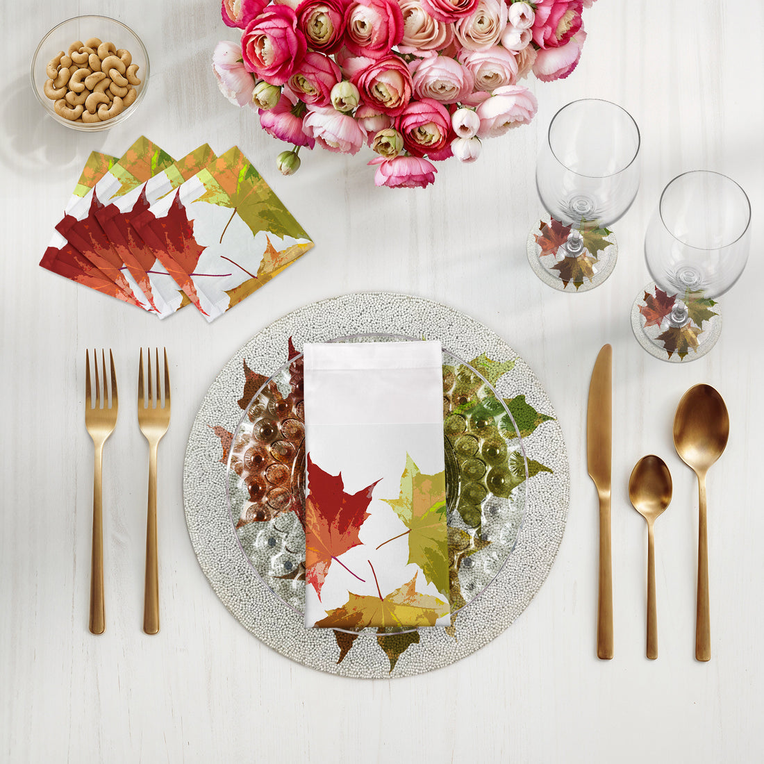 Autumn Leaves White Round Beaded Placemat Smooth