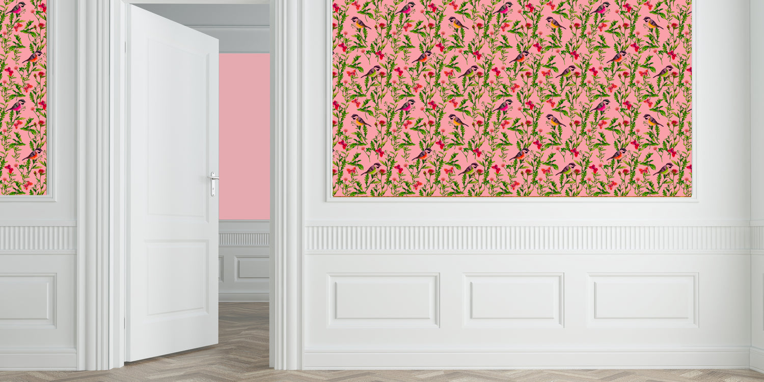 Aviary Pop Dusty Pink Grasscloth Printed Wallpaper