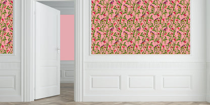 Aviary Pop Dusty Pink Grasscloth Printed Wallpaper