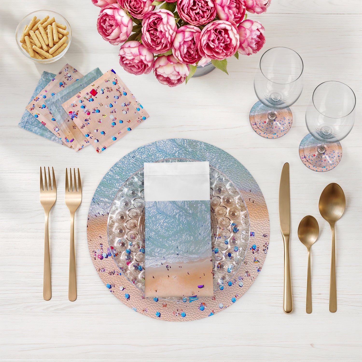 Cocktail en satin de coton 6 x 6, motif scène aérienne de plage, lot de 4