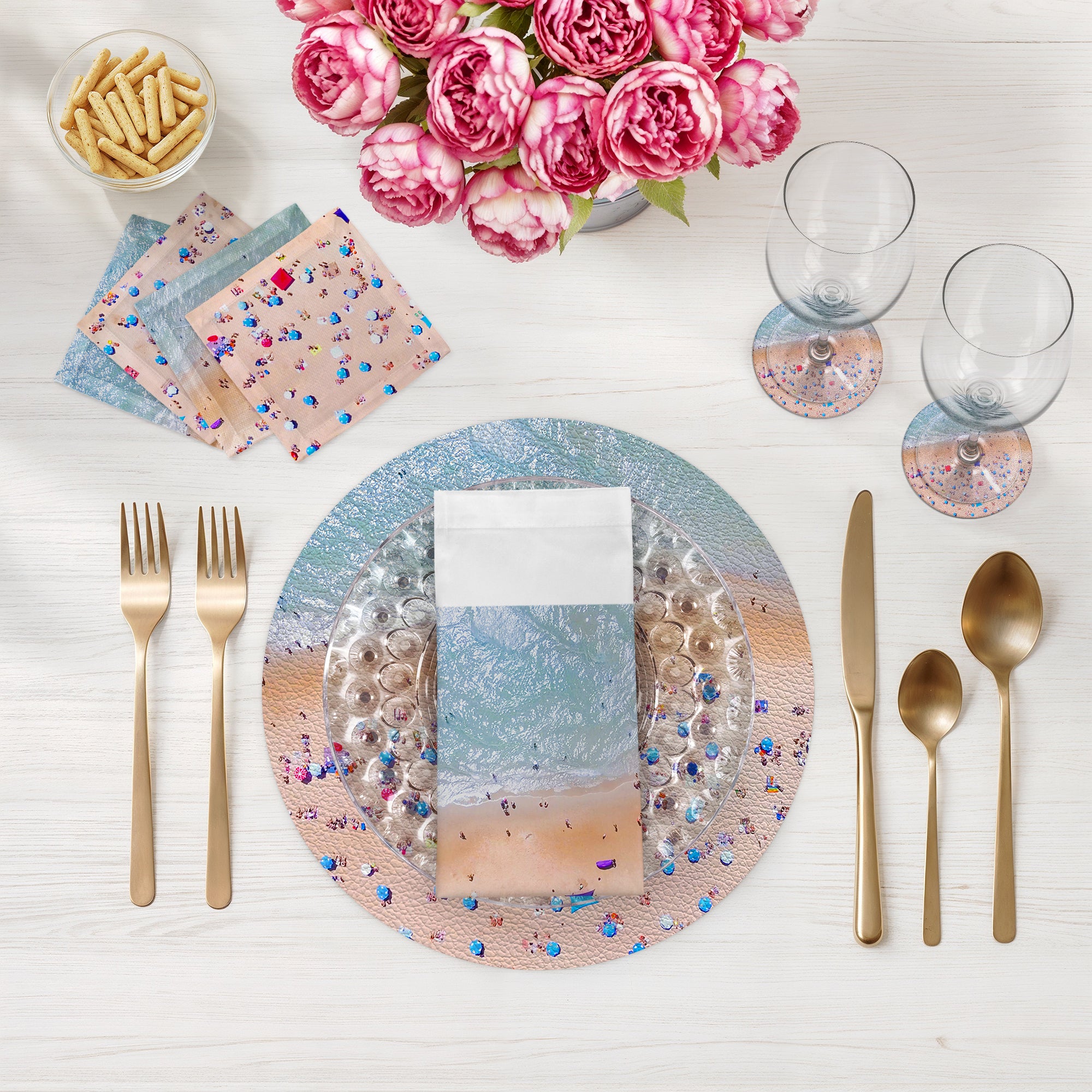 Cocktail en satin de coton 6 x 6, motif scène aérienne de plage, lot de 4