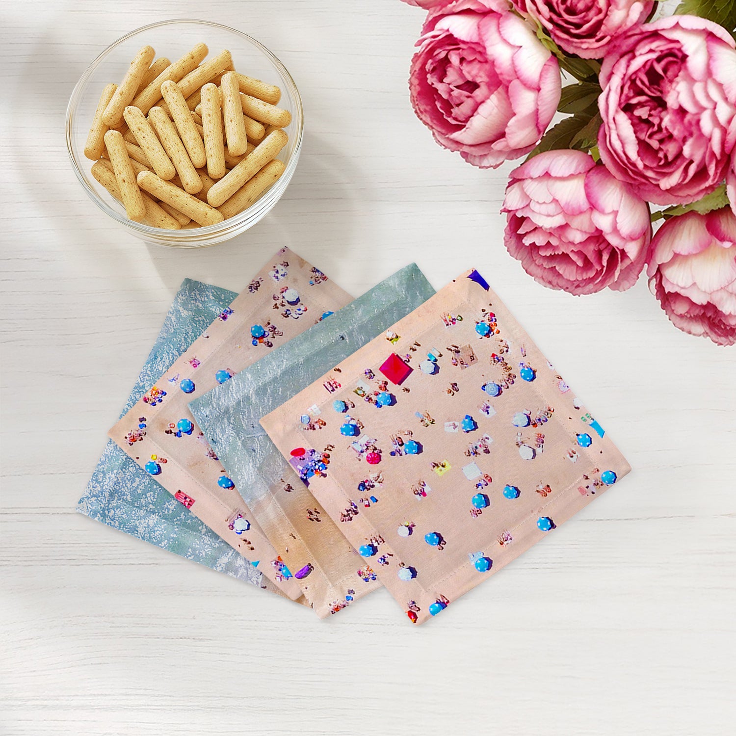 Cocktail en satin de coton 6 x 6, motif scène aérienne de plage, lot de 4