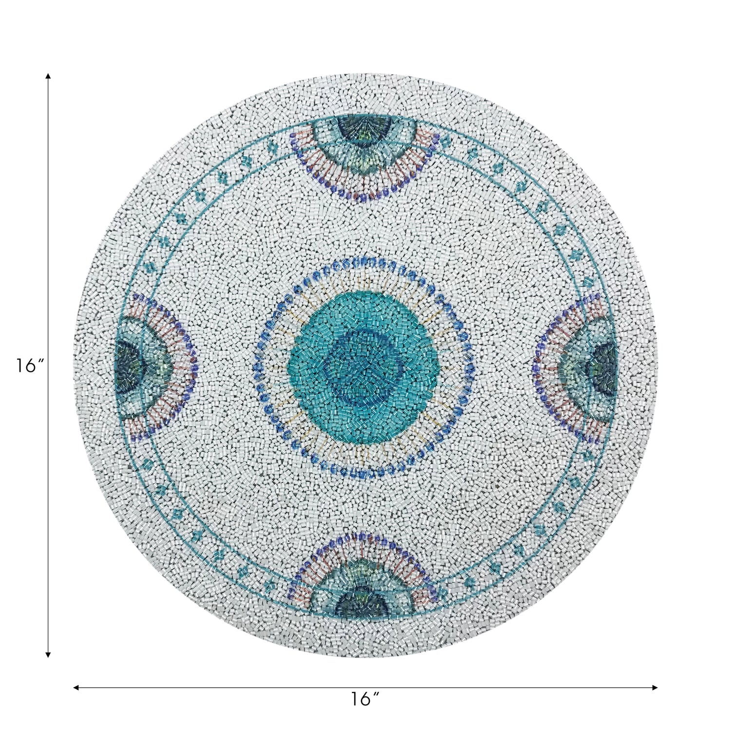 Round decorative mat with a blue center and multicolored border, shown with dimensions on a white background.
