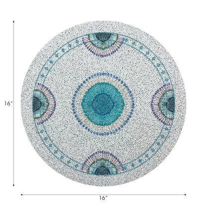 Round decorative mat with a blue center and multicolored border, shown with dimensions on a white background.