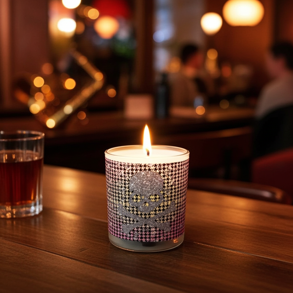 Crossbones Large Radial Pink Yellow Houndstooth Candle