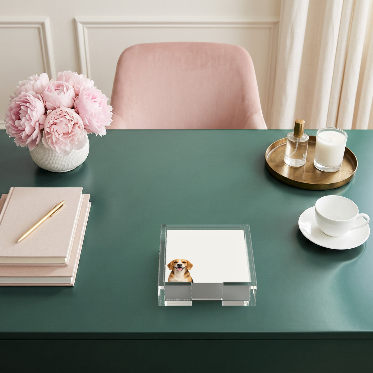 Beagle dog note cards in a clear acrylic holder on a green desk, by Nicolette Mayer