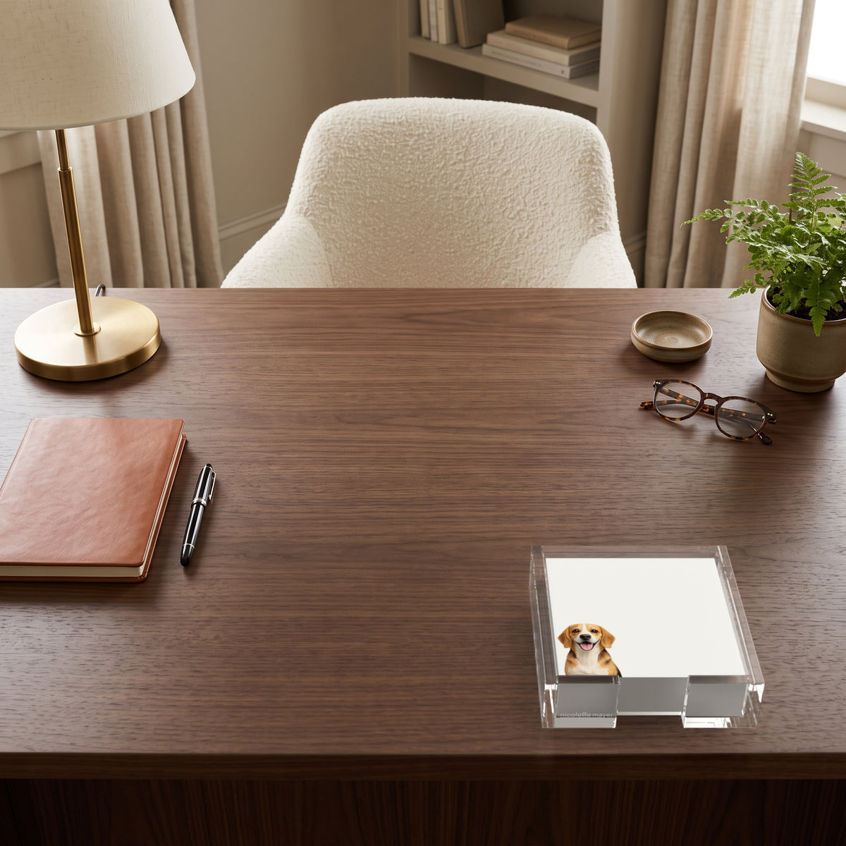 Beagle dog note cards in a clear acrylic holder on a walnut desk, by Nicolette Mayer