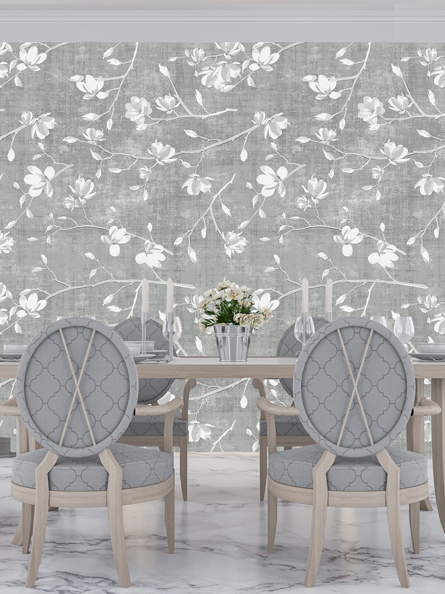 Bloom Silver Grasscloth Printed Wallpaper