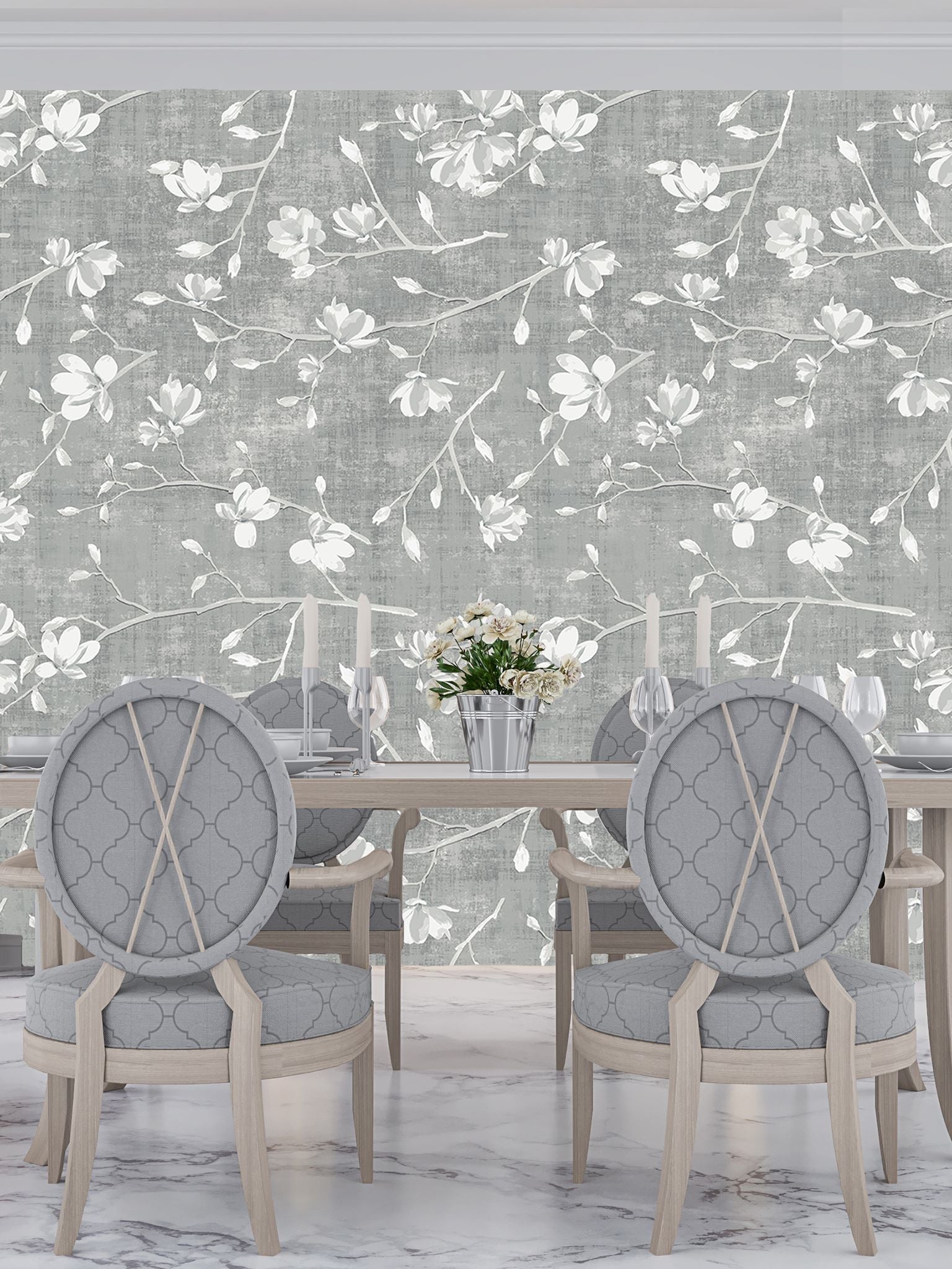 Bloom Silver Grasscloth Printed Wallpaper