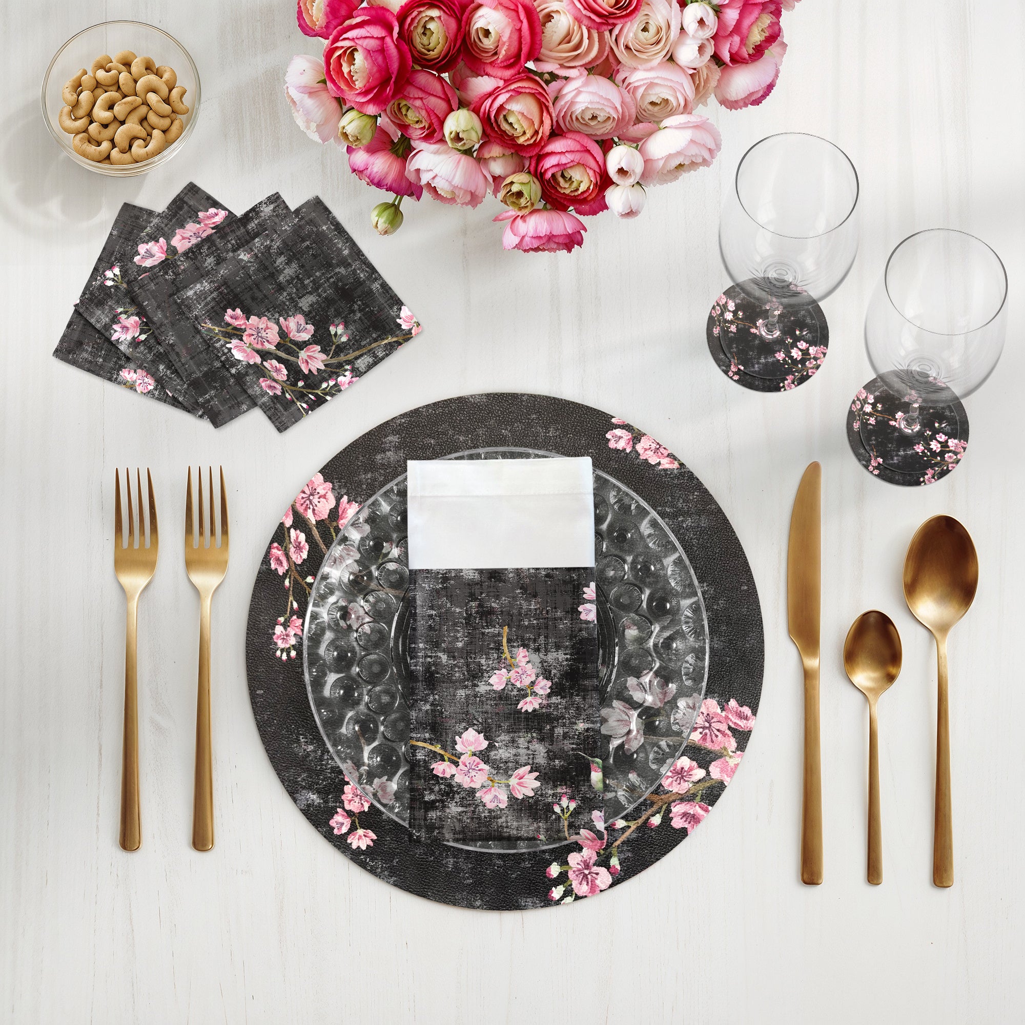 Blossom Fantasia Black Pink 16 Round Pebble Placemats, Set Of 4 - nicolettemayer.com