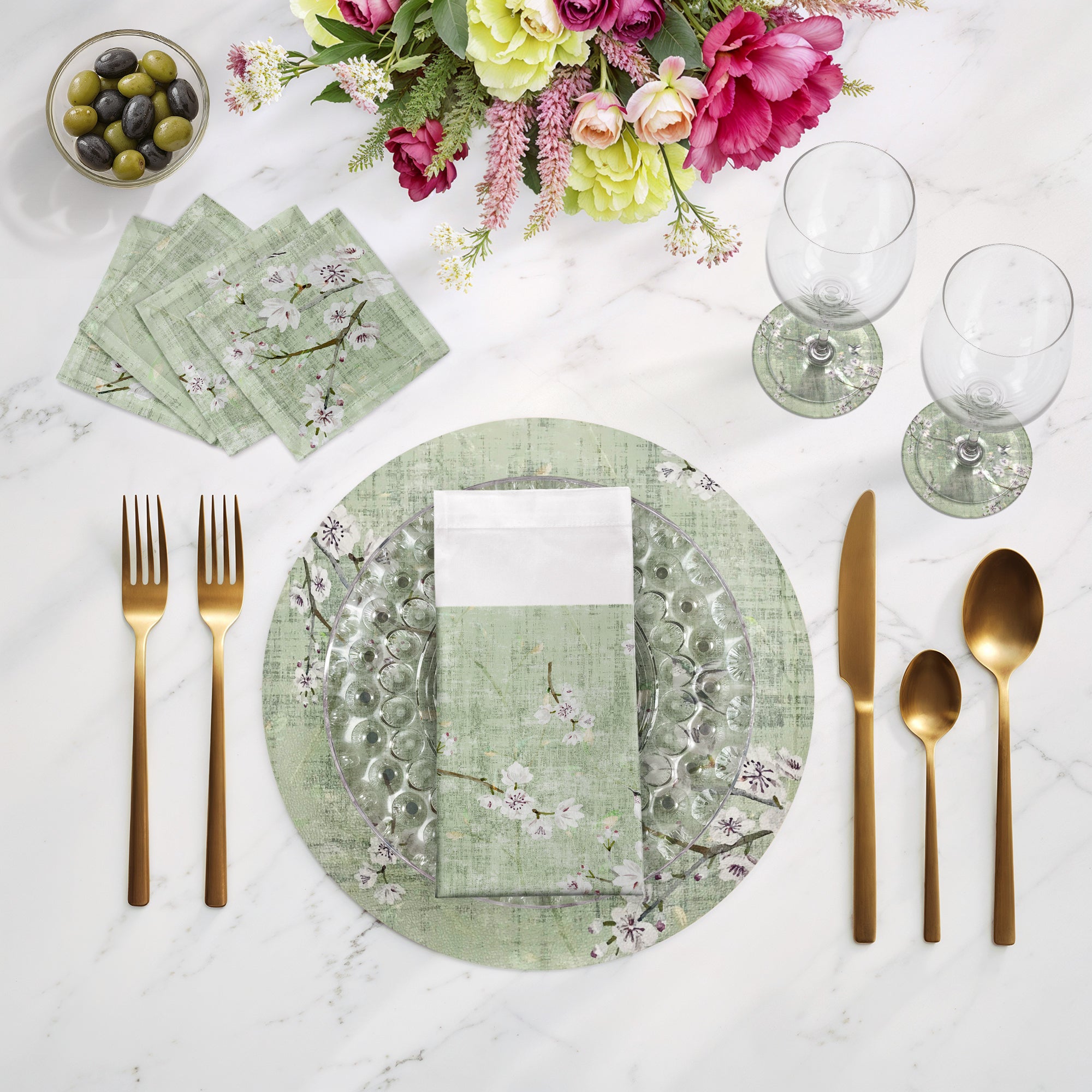 Blossom Fantasia Celadon, 55,9 x 55,9 cm, Hohlsaum-Servietten, 4er-Set